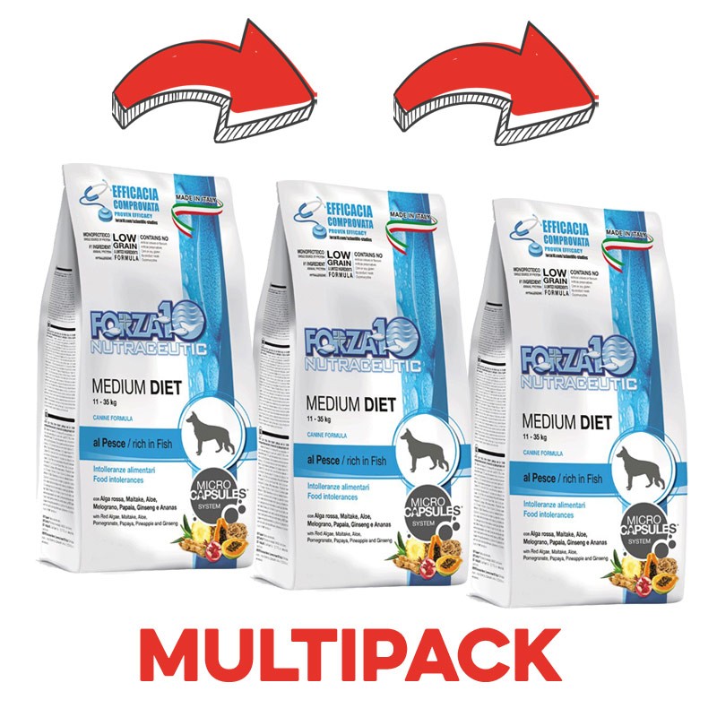 Forza10 Medium Diet Low Grain al Pesce - 12 Kg, 3 pezzi
