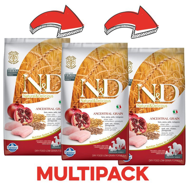 Farmina N&D Low Grain Adult Medium Maxi Pollo e Melograno - 12 Kg, 3 pezzi Farmina N&D Low Grain Adult Medium Maxi Pollo e Melograno - 12 Kg, 3 pezzi