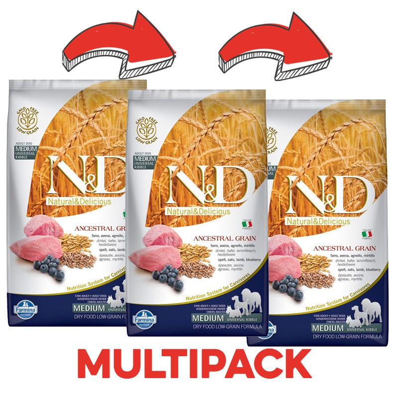 Farmina N&D Low Grain Adult Medium Agnello e Mirtillo - 12 Kg, 3 pezzi Farmina N&D Low Grain Adult Medium Agnello e Mirtillo - 12 Kg, 3 pezzi