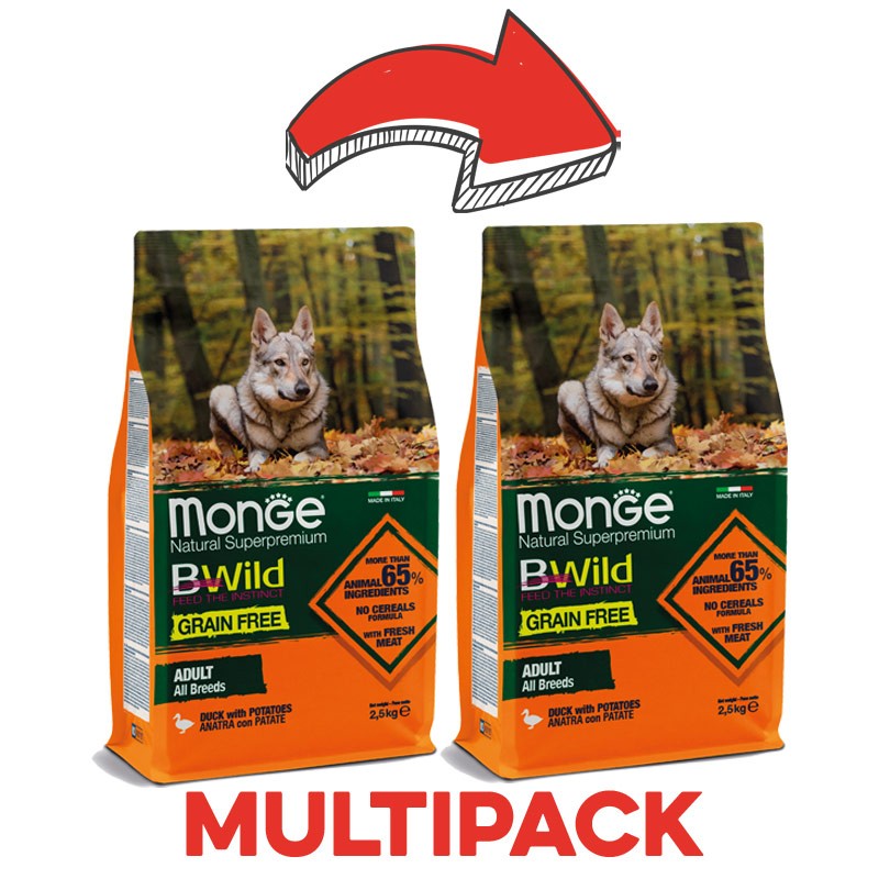 Monge BWild Grain Free Anatra e Patate Adult All Breeds per Cani - 2.5 Kg, 2 pezzi