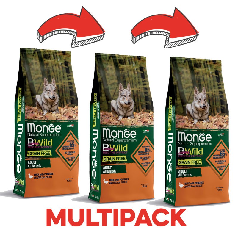 Monge BWild Grain Free Anatra e Patate Adult All Breeds per Cani - 12 Kg, 3 pezzi