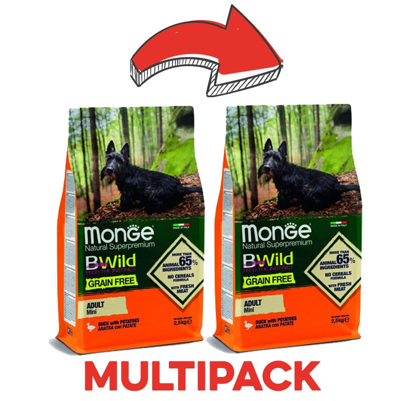 Monge BWild Grain Free Anatra e Patate Adult Mini per Cani - 2.5 Kg, 2 pezzi