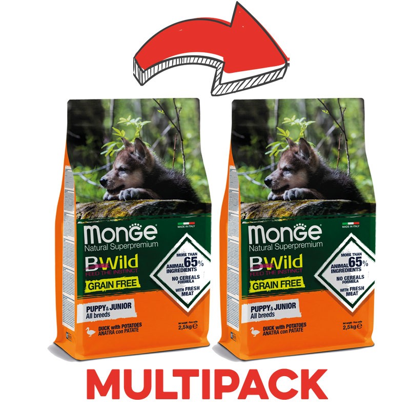 Monge BWild Grain Free Puppy Anatra e Patate per Cani - 2.5 Kg, 2 pezzi