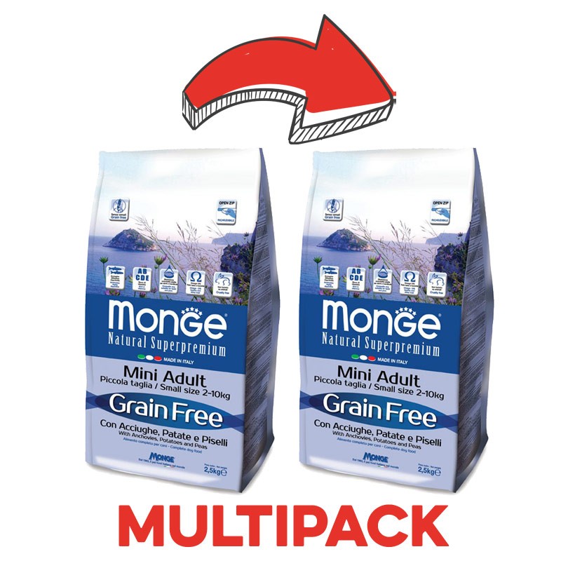 Monge Grain Free Adult Mini Acciughe e Patate - 2.5 Kg, 2 pezzi