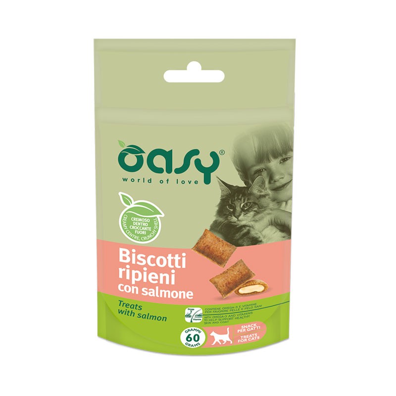 Oasy Biscotti Ripieni al Salmone per Gatto - 60 g, 6 pezzi