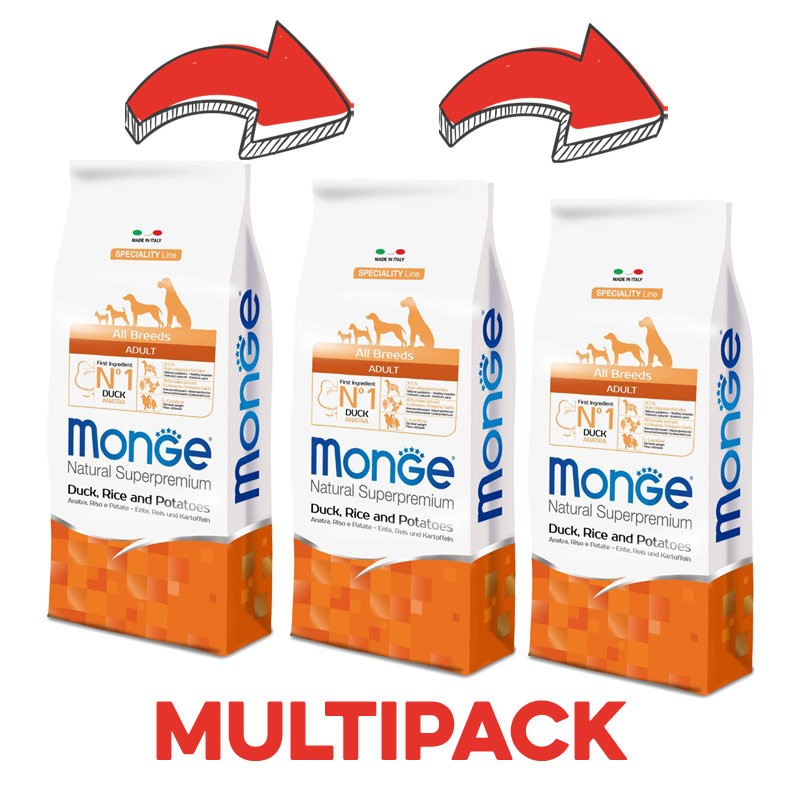 Monge Adult Anatra, Riso e Patate - 12 Kg, 3 pezzi