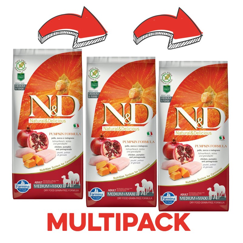 Farmina N&amp;D Pumpkin Adult Medium Maxi Pollo e Melograno - 12 Kg, 3 pezzi