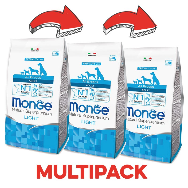 Monge All Breeds Adult Light Salmone E Riso - 12 Kg, 3 pezzi