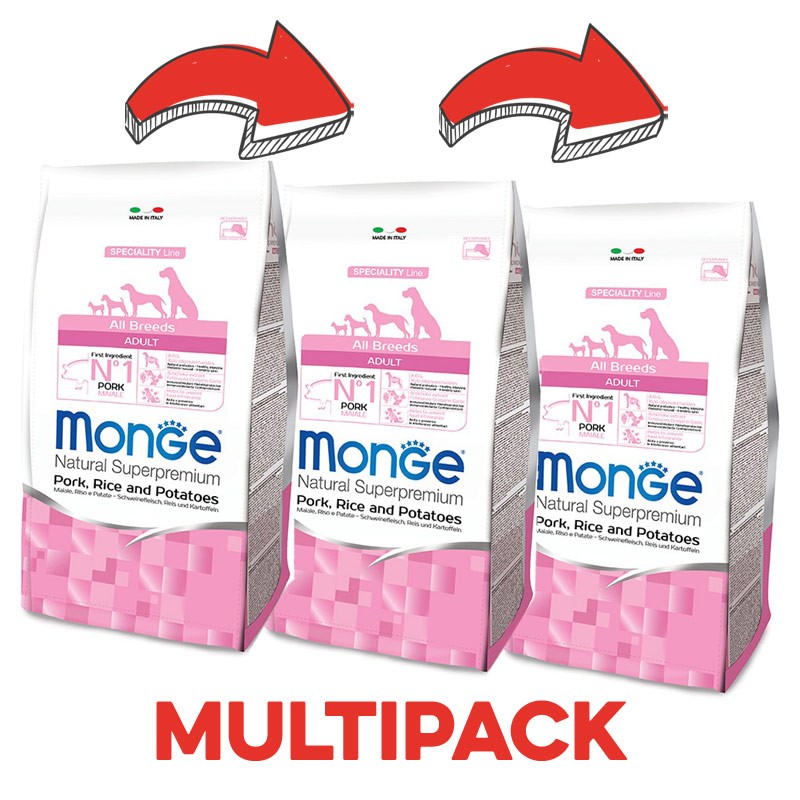 Monge All Breeds Adult Maiale, Riso E Patate - 12 Kg, 3 pezzi