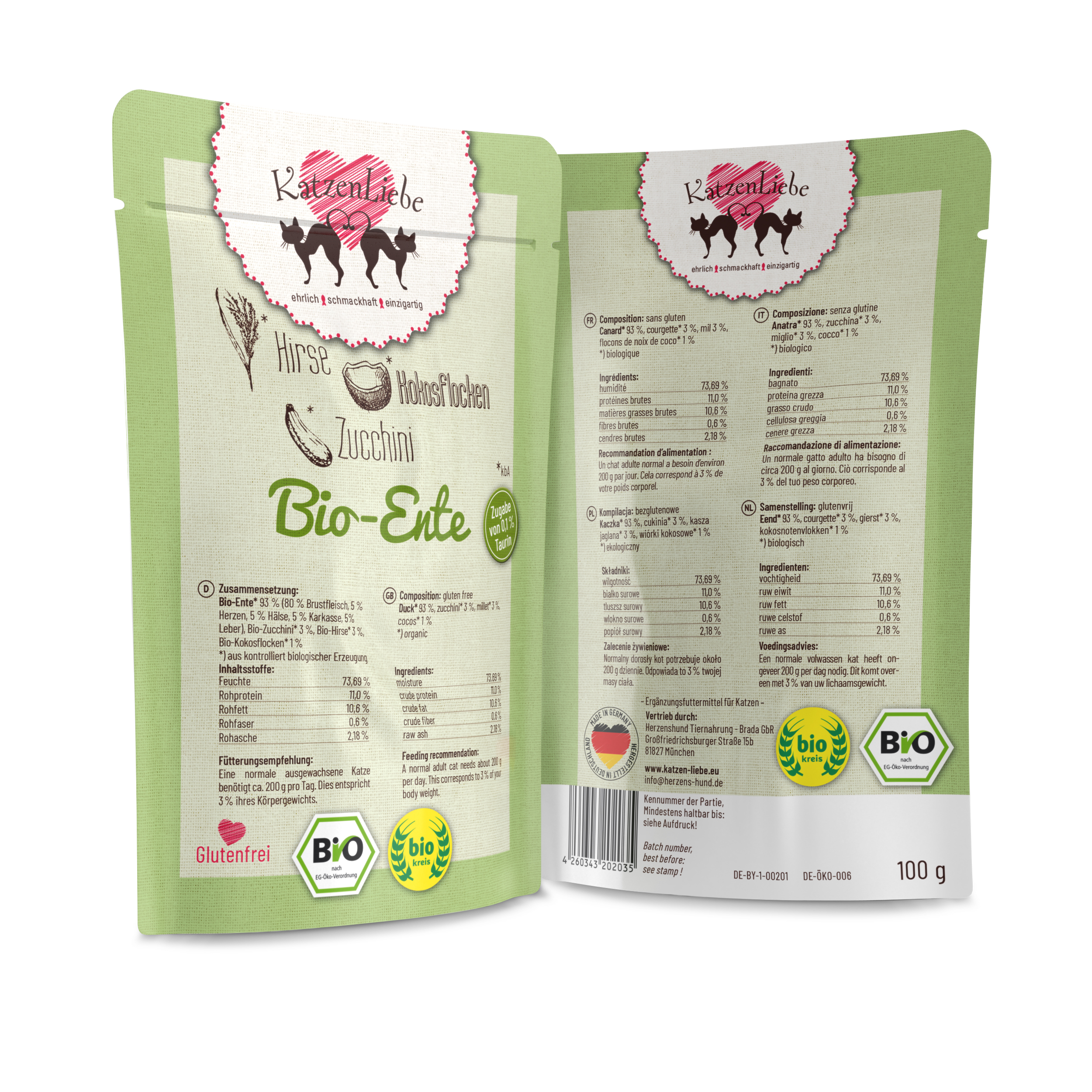 Katzen Liebe Anatra Biologica con Zucchine Bio Umido per Gatti - 100 g