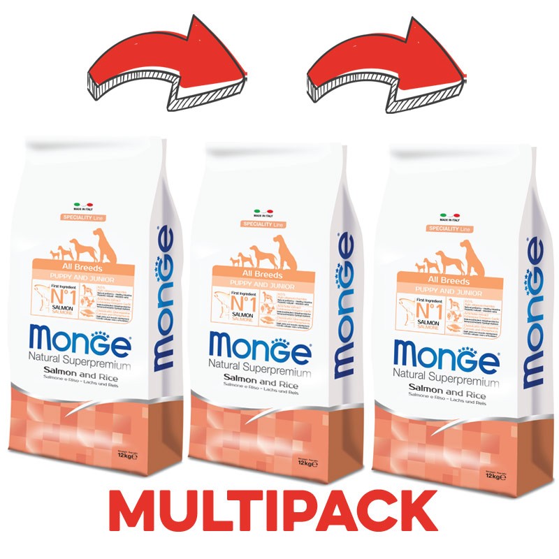 Monge Puppy &amp; Junior Salmone e Riso - 12 Kg, 3 pezzi