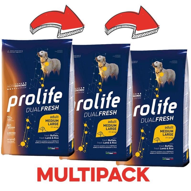 Prolife Dual Fresh Adult Medium/Large Agnello, Bufalo e Riso per Cani - 12 Kg, 3 pezzi