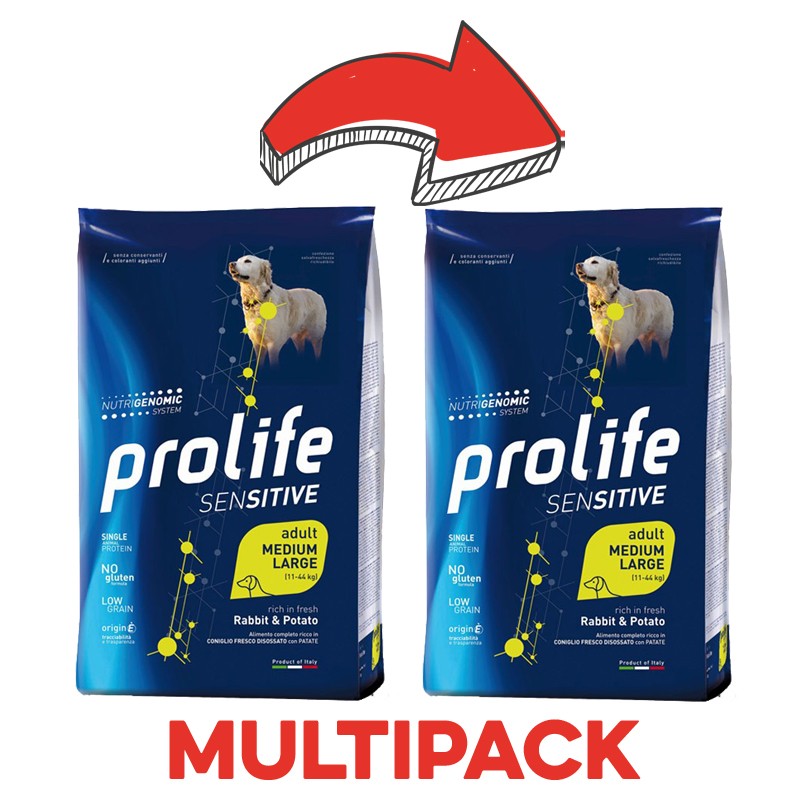 Prolife Sensitive Adult Medium/Large Coniglio e Patate per Cani - 2.5 Kg, 2 pezzi