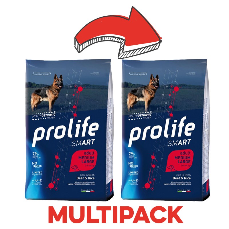 Prolife Smart Adult Medium/Large Manzo e Riso per Cani - 2.5 Kg, 2 pezzi