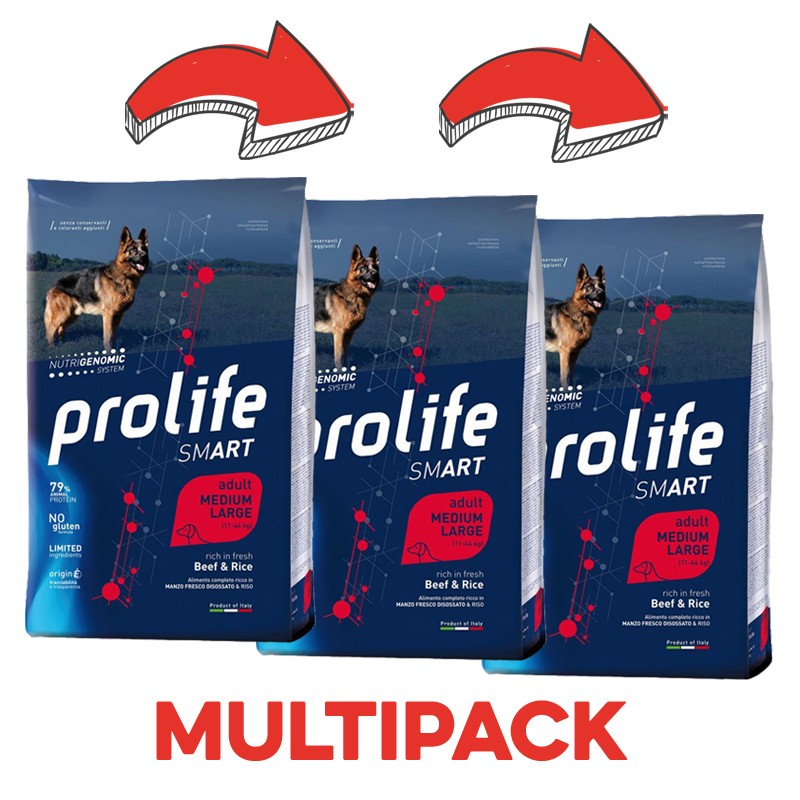 Prolife Smart Adult Medium/Large Manzo e Riso per Cani - 12 Kg, 3 pezzi