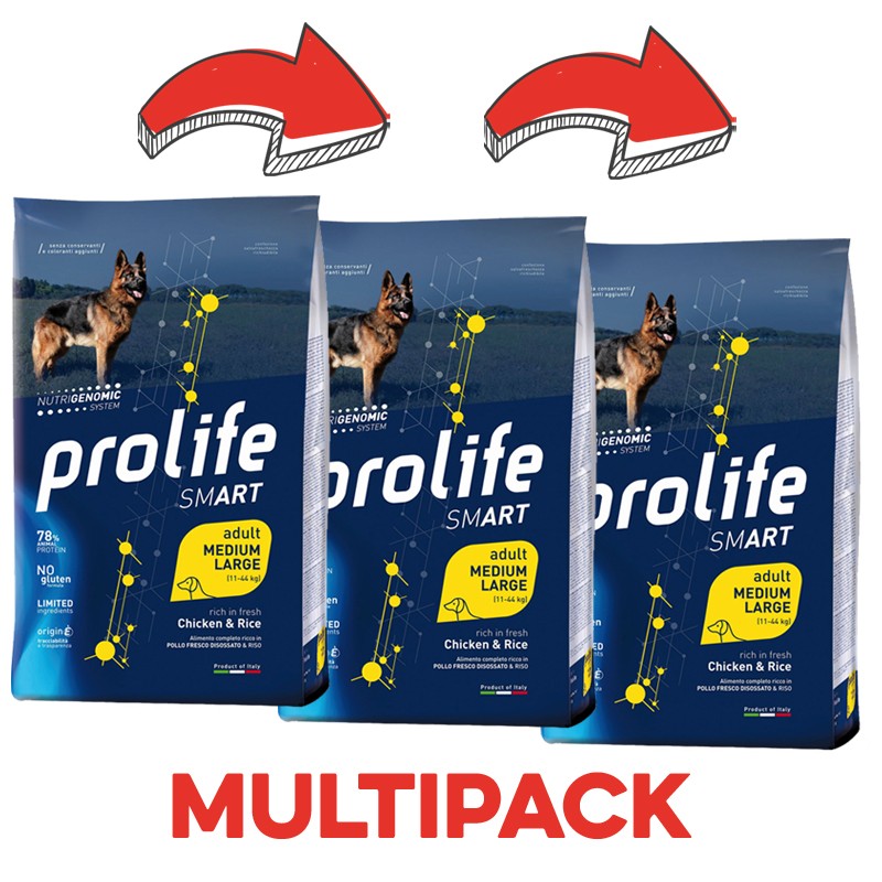 Prolife Smart Adult Medium/Large Pollo e Riso per Cani - 12 Kg, 3 pezzi