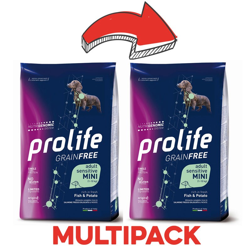 Prolife Grain Free Adult Sensitive Mini Pesce e Patate per Cani - 2 Kg, 2 pezzi
