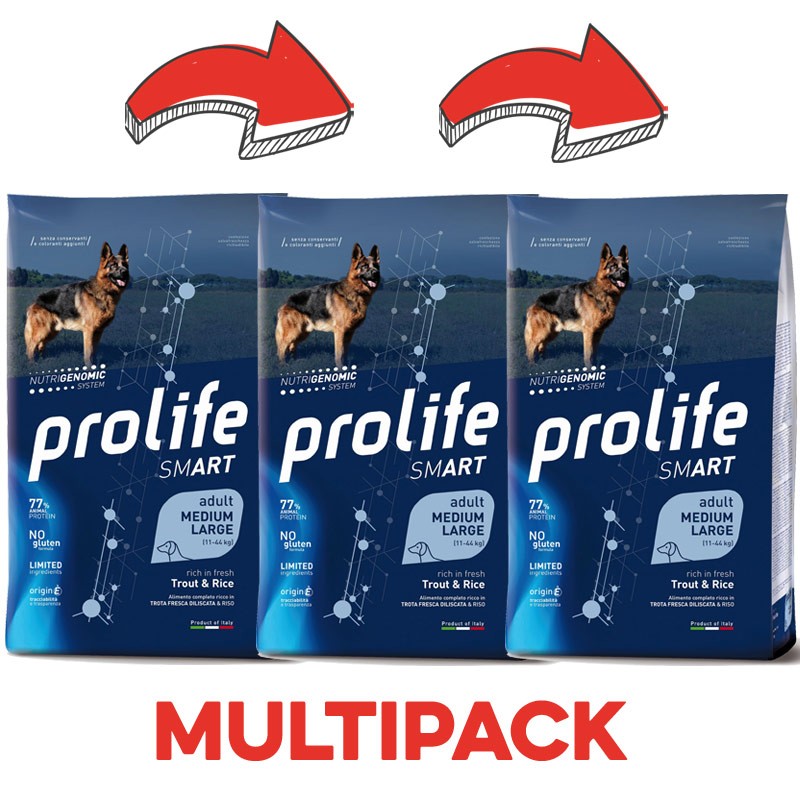 Prolife Smart Adult Medium/Large Trota e Riso per Cani - 12 Kg, 3 pezzi