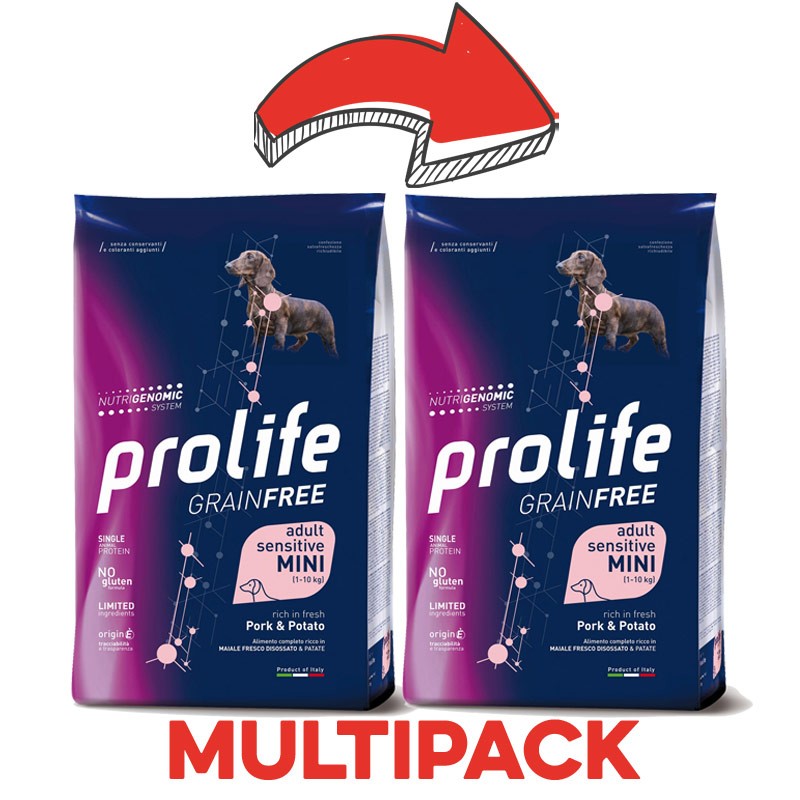 Prolife Grain Free Adult Sensitive Mini Maiale e Patate per Cani - 2 Kg, 2 pezzi