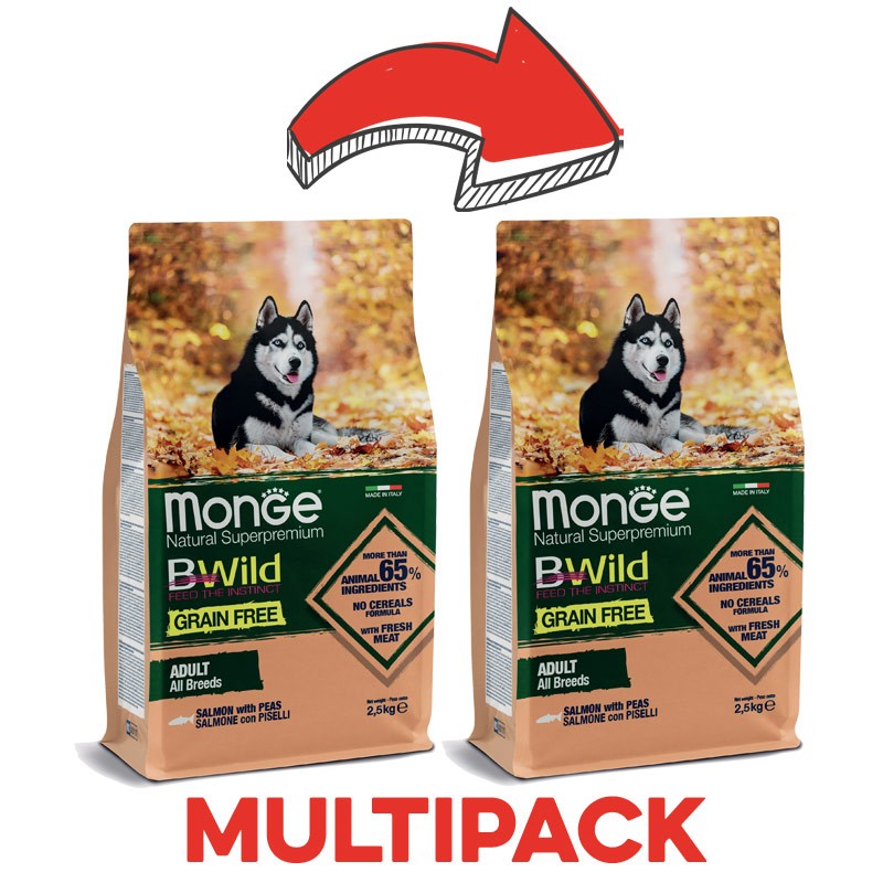 Monge BWild Grain Free Salmone e Piselli Adult per Cani - 2.5 Kg, 2 pezzi