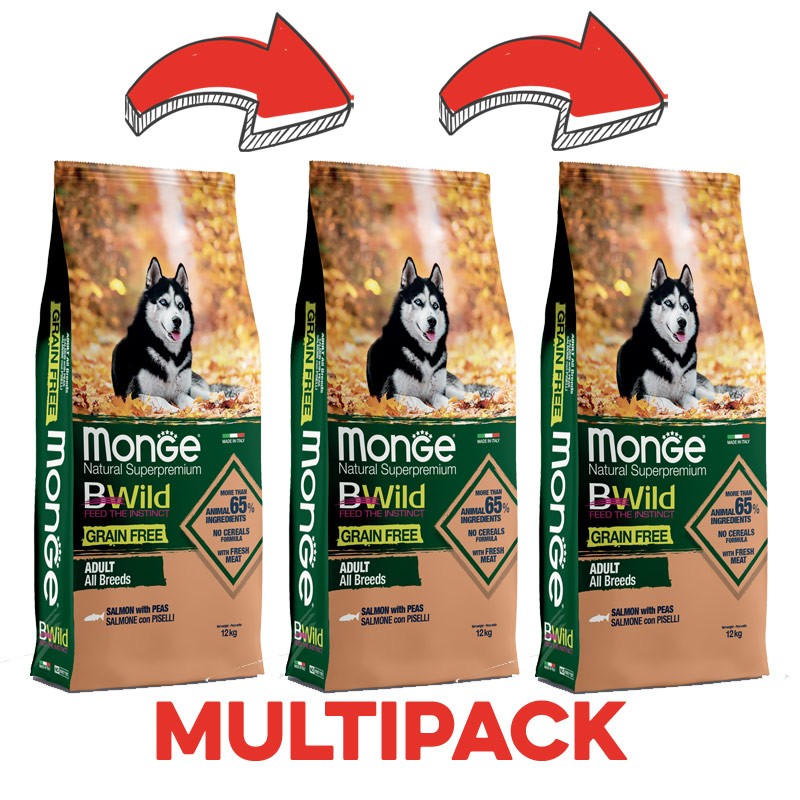 Monge BWild Grain Free Salmone e Piselli Adult per Cani - 12 Kg, 3 pezzi