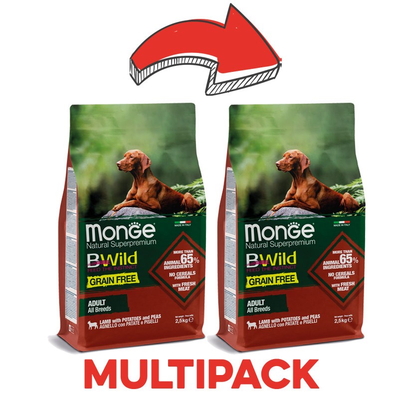 Monge BWild Grain Free Agnello, Patate e Piselli Adult per Cani - 2.5 Kg, 2 pezzi