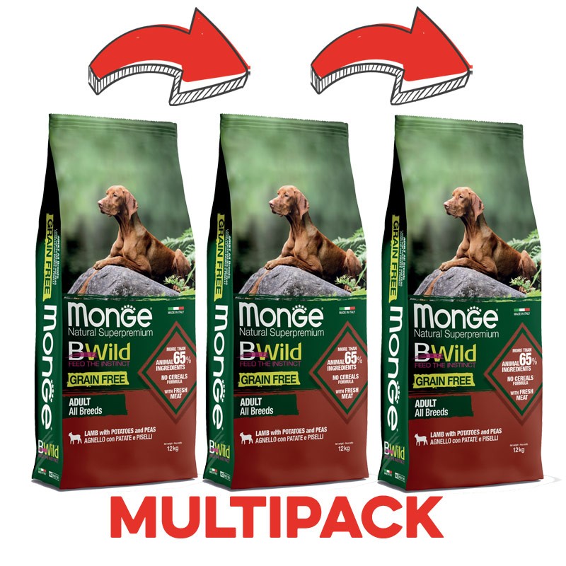 Monge BWild Grain Free Agnello, Patate e Piselli Adult per Cani - 12 Kg, 3 pezzi