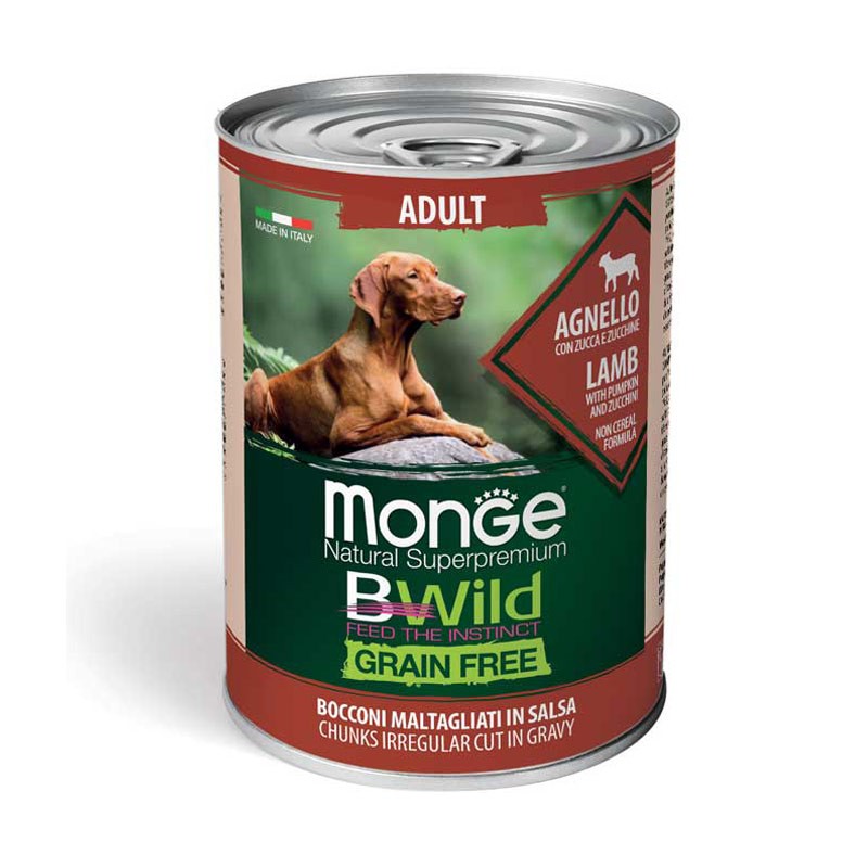 Monge BWild Grain Free Adult Agnello con Zucca e Zucchine Umido per Cani - 400 g, 6 pezzi