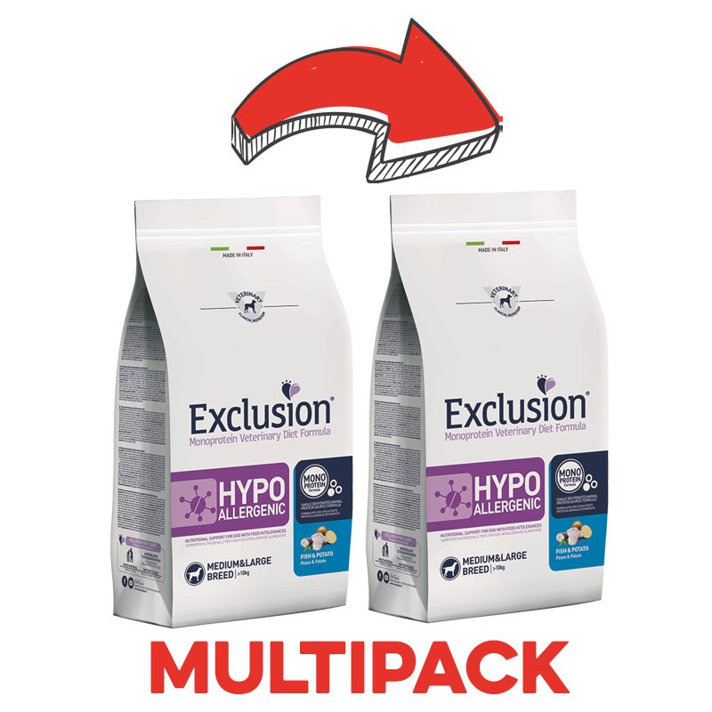 Exclusion Diet Hypoallergenic Pesce e Patate Adult Medium & Large Breed per Cani - 2 Kg, 2 pezzi Exclusion Diet Hypoallergenic Pesce e Patate Adult Medium & Large Breed per Cani - 2 Kg, 2 pezzi