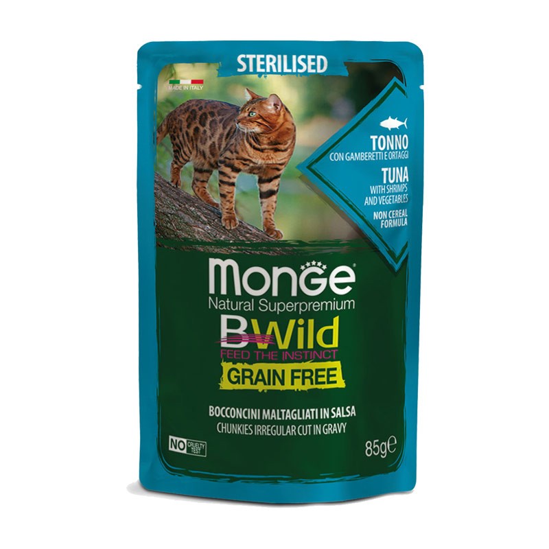 Monge BWild Grain Free Sterilised Tonno con Ortaggi Bocconcini in Salsa per Gatti - 85 g, 12 pezzi