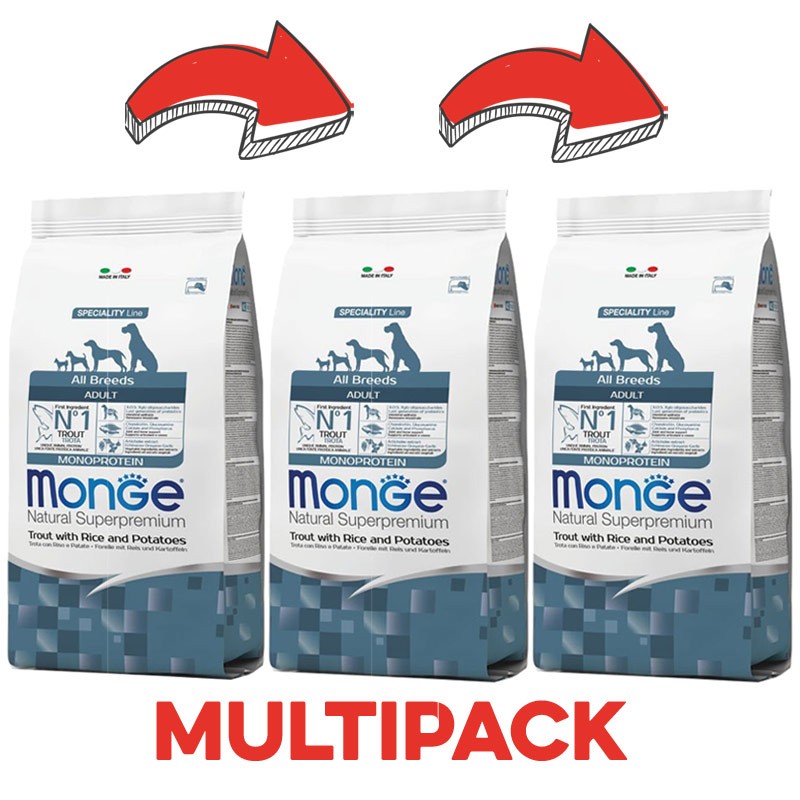Monge Monoprotein Trota con Riso e Patate All Breeds Adult per Cani - 12 Kg, 3 pezzi