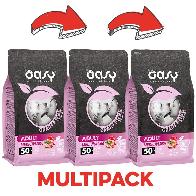Oasy Grain Free Adult Medium Large Maiale - 2.5 Kg, 3 pezzi