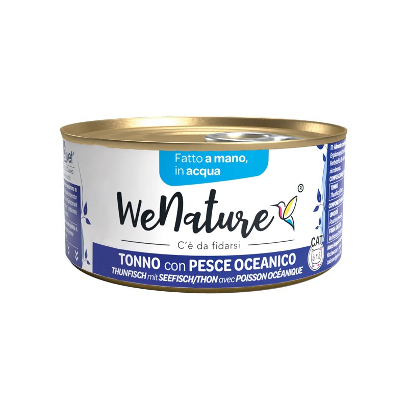 WeNature Tonno con Pesce Oceanico in Acqua Umido per Gatti - 85 g, Singola