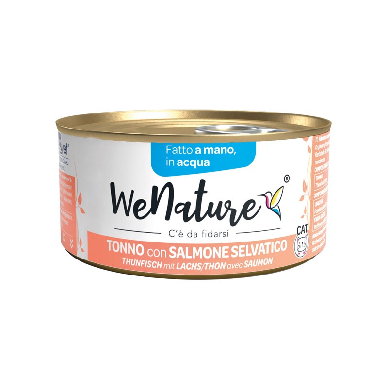 WeNature Tonno con Salmone Selvatico in Acqua Umido per Gatti - 85 g, Singola