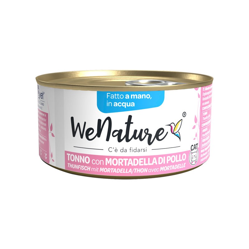 WeNature Tonno con Mortadella di Pollo in Acqua Umido per Gatti - 85 g, Singola