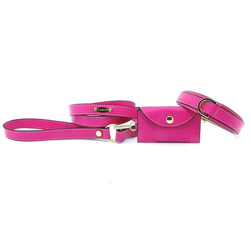 Pupakiotti Premium Set 3 Pezzi Collare, Guinzaglio e Dispenser Fuxia - L
