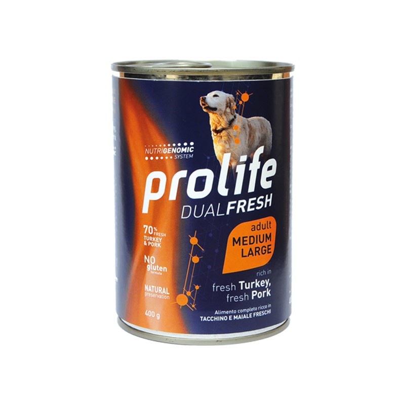 Prolife Dual Fresh Tacchino e Maiale Adult Medium/Large Umido per Cani - 400 g, 12 pezzi