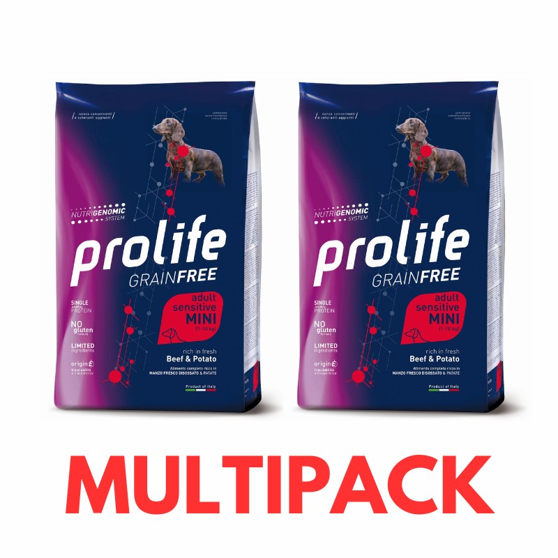 Prolife Grain Free Adult Sensitive Mini Manzo e Patate per Cani - 2 Kg, 2 pezzi
