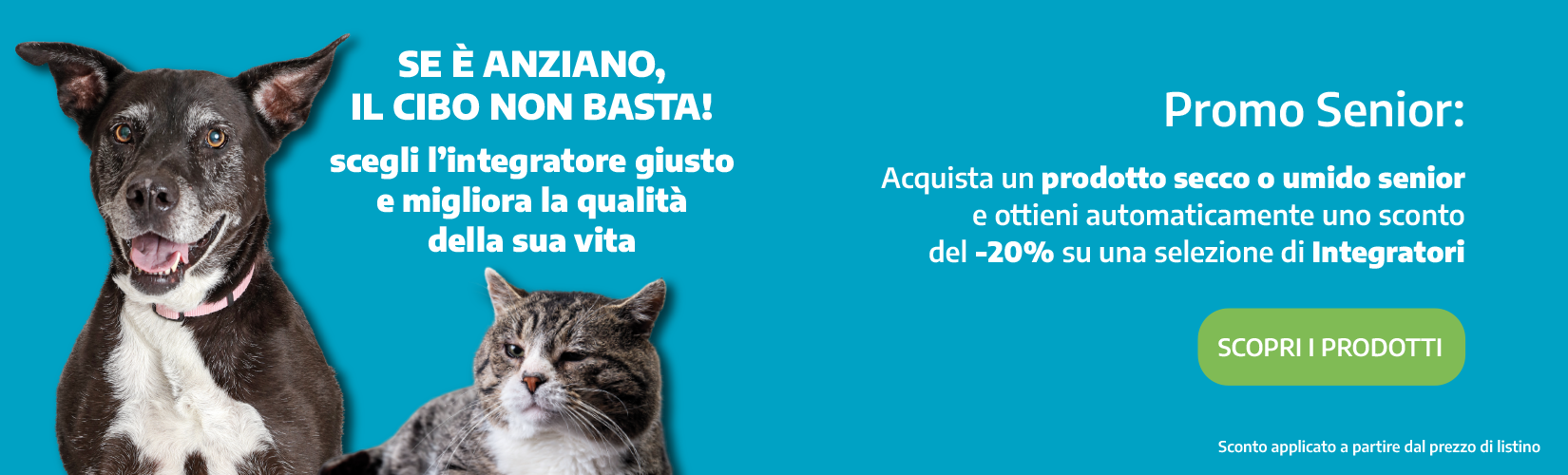 Promo Senior: se acquisti cibo secco o cibo umido per il tuo animale anziano, ricevi un -20% di sconto su integratori senior. Sconto applicato al carrello.