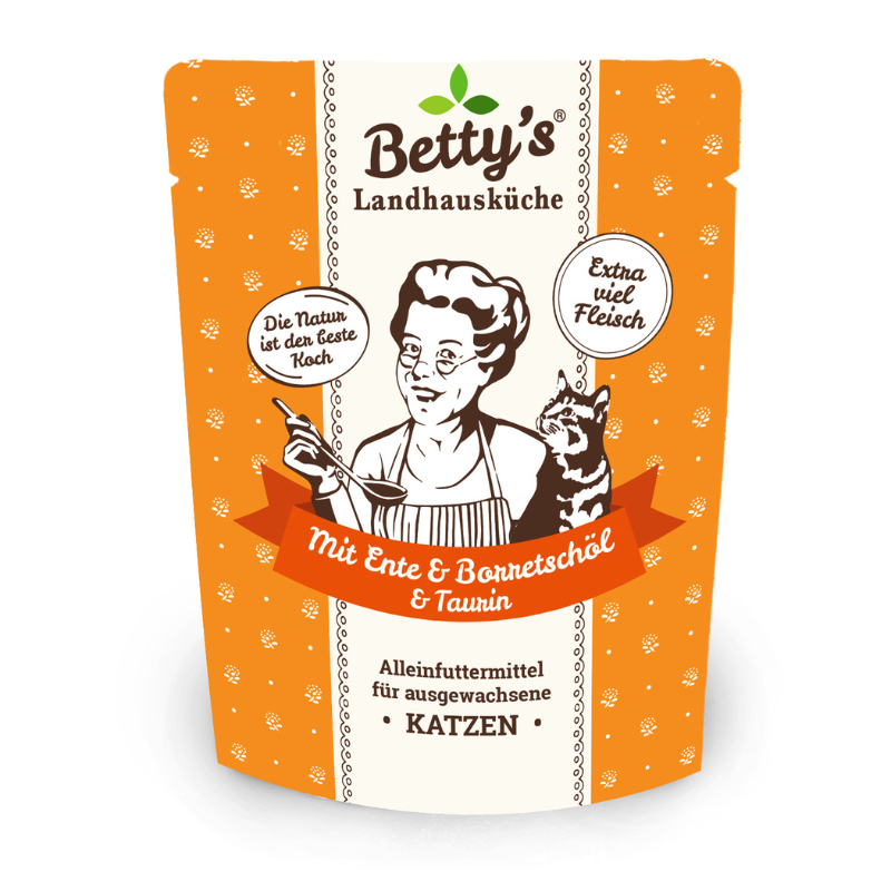 Betty's Landhausküche Anatra con Olio di Borragine Umido per Gatti - 250 g, Singola