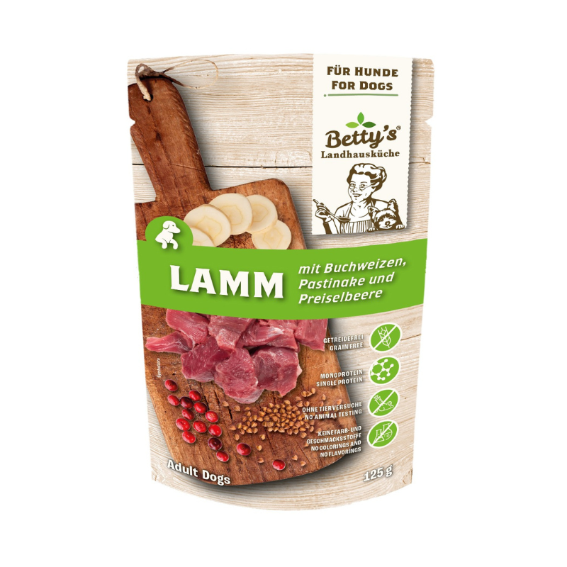 Betty's Landhausküche Agnello con Grano Saraceno Umido per Cani - 125 g, Singola