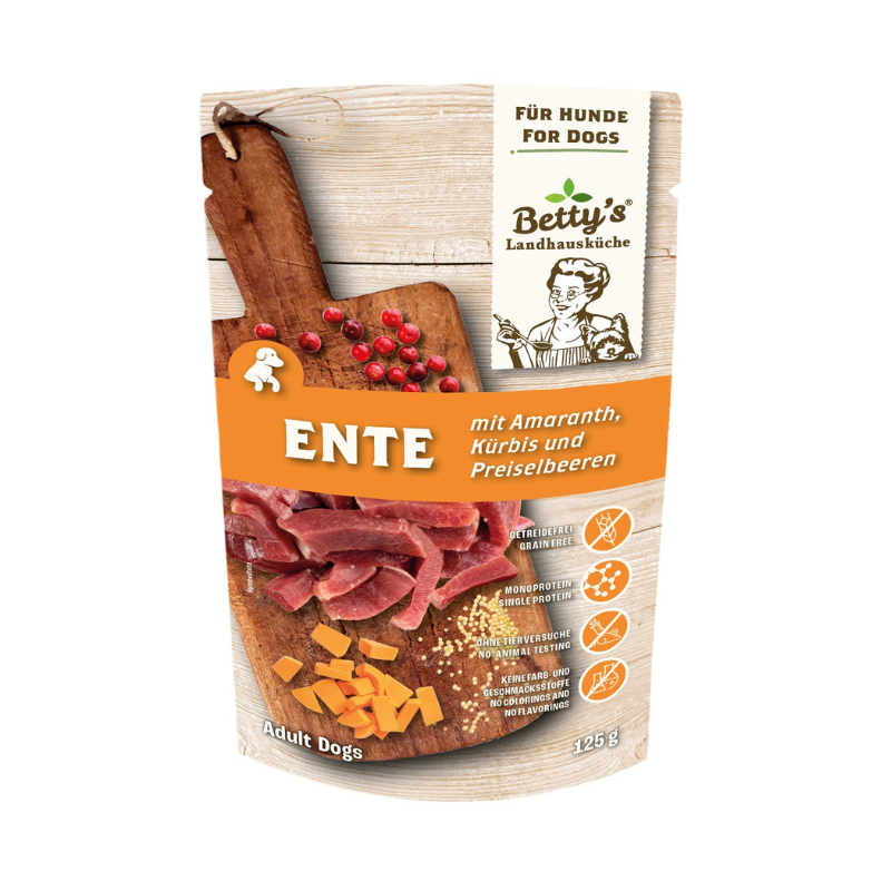 Betty's Landhausküche Anatra e Amaranto Umido per Cani - 125 g, Singola
