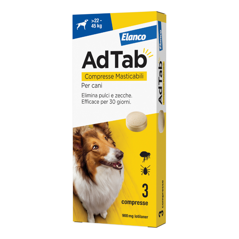 Elanco Adtab Compresse Masticabili dai 22 ai 45 Kg per Cani – 3 Compresse